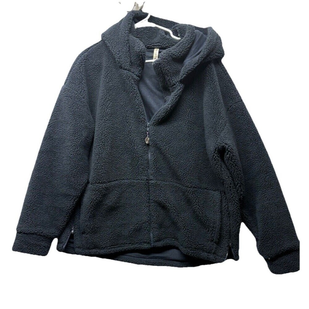 Fabletics Jacket Womens Size Large Navy Blue Lotta Sherpa Full Zip Hooded Pocket